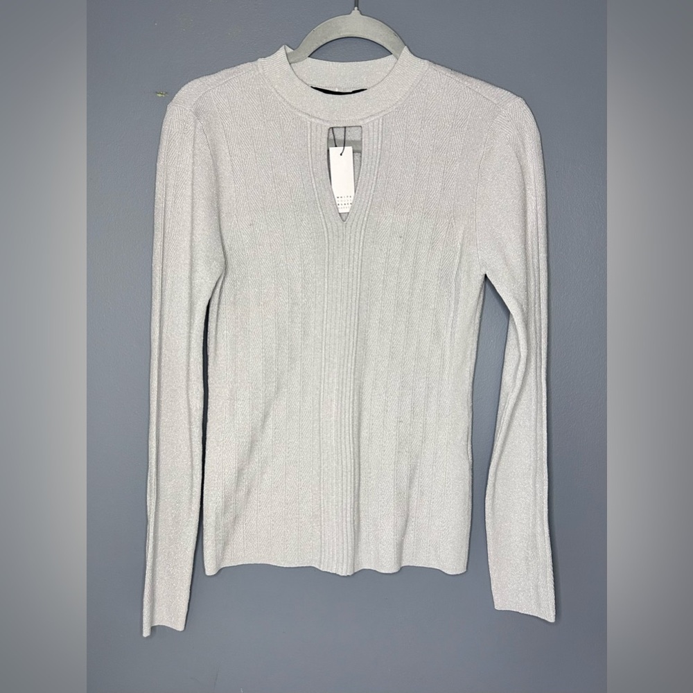 White House Black Market Sweater Womens L Silver Keyhole Mock Neck Metallic Form
